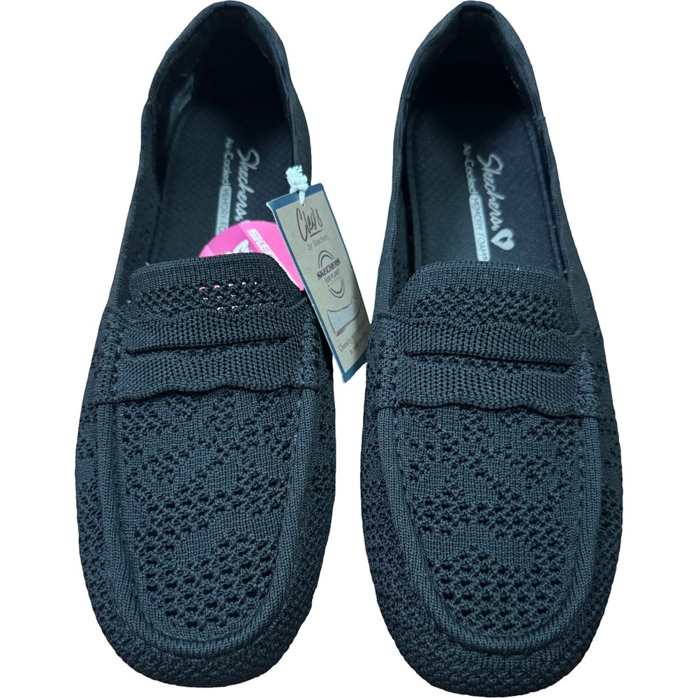 Skechers Cleo Driver Loafers Womens 9 Black Vegan Knit Crochet Memory Foam Flats